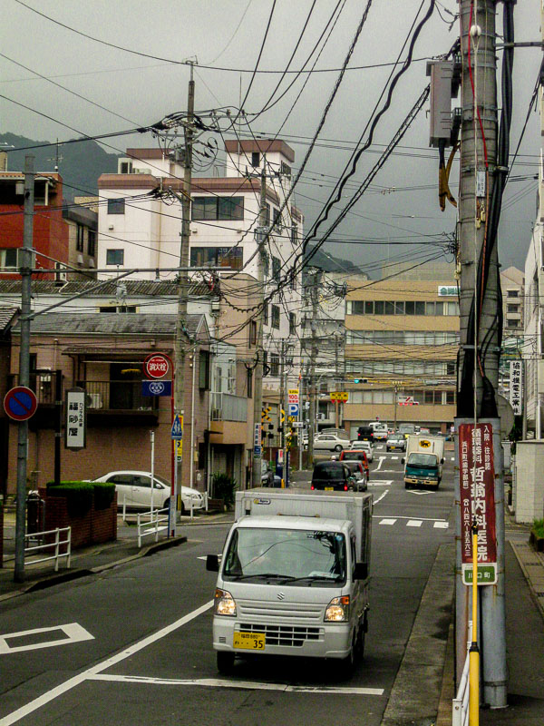 Cables and wires across a street in Nagasaki, Japan