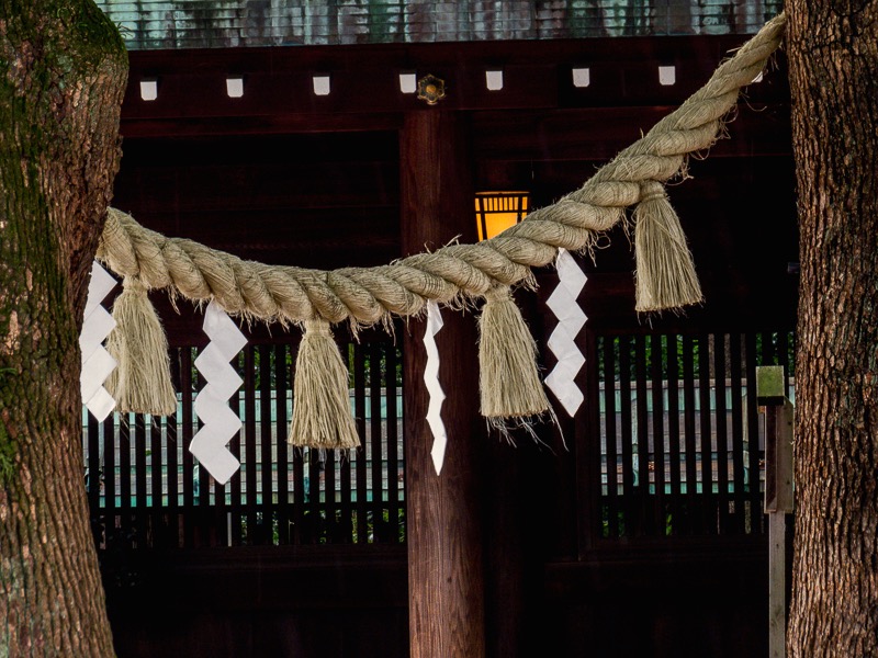 Closeup of rope and paper shapes used in purification rituals