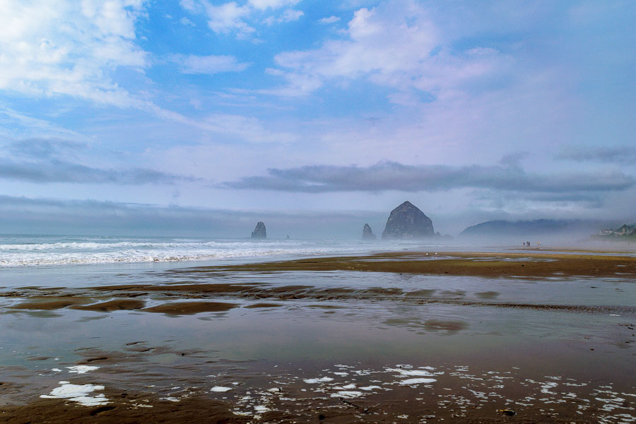 Distant view of Haystack Rock from Cannon Beach
