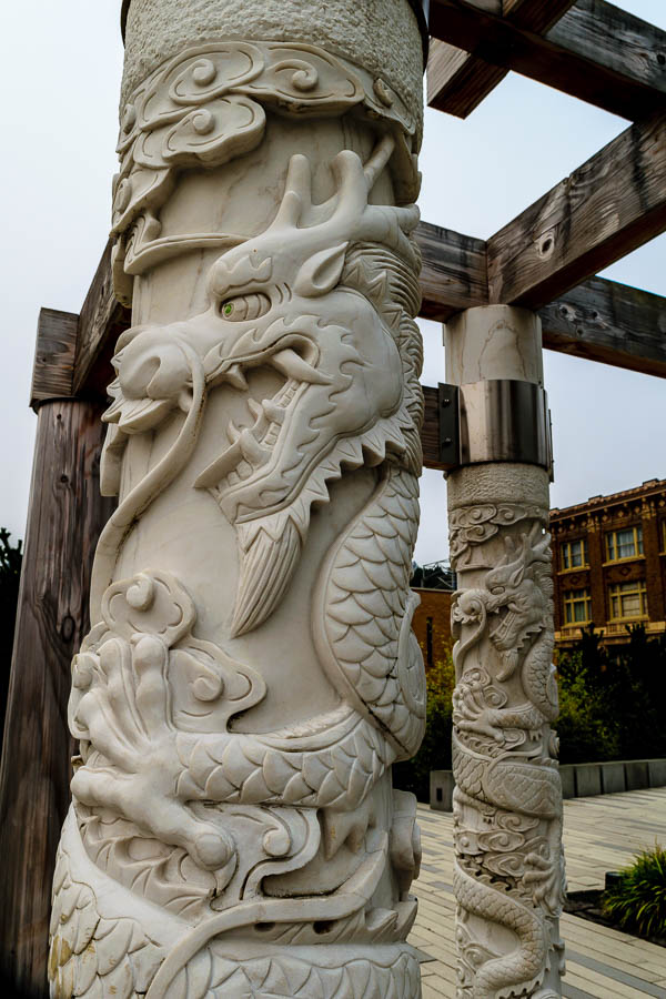 Traditional dragon columns of the central pavilion at the Garden of Surging Waves - Astoria, Oregon