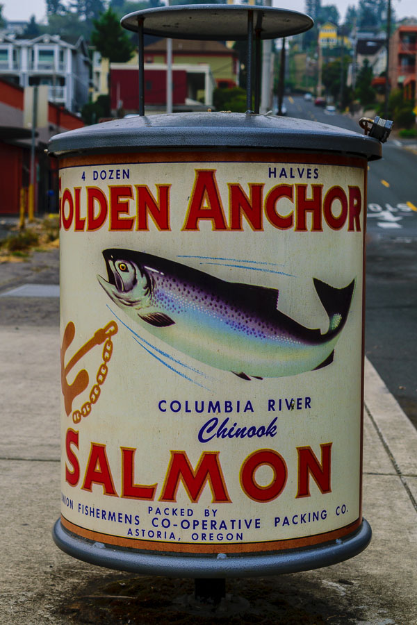 Salmon-themed trash can - Astoria, Oregon