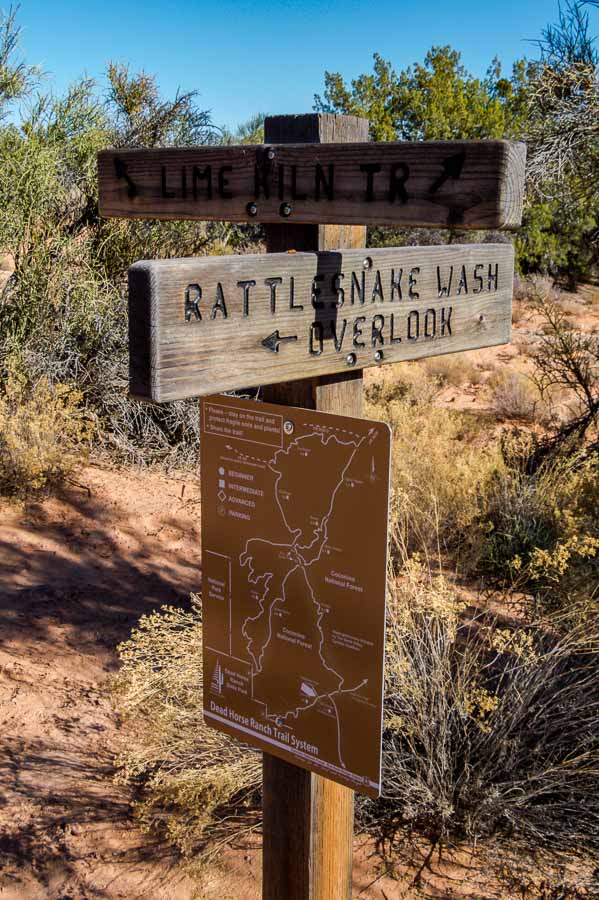 Trail signs: Rattlesnake Wash Overlook and Lime Kiln Trail