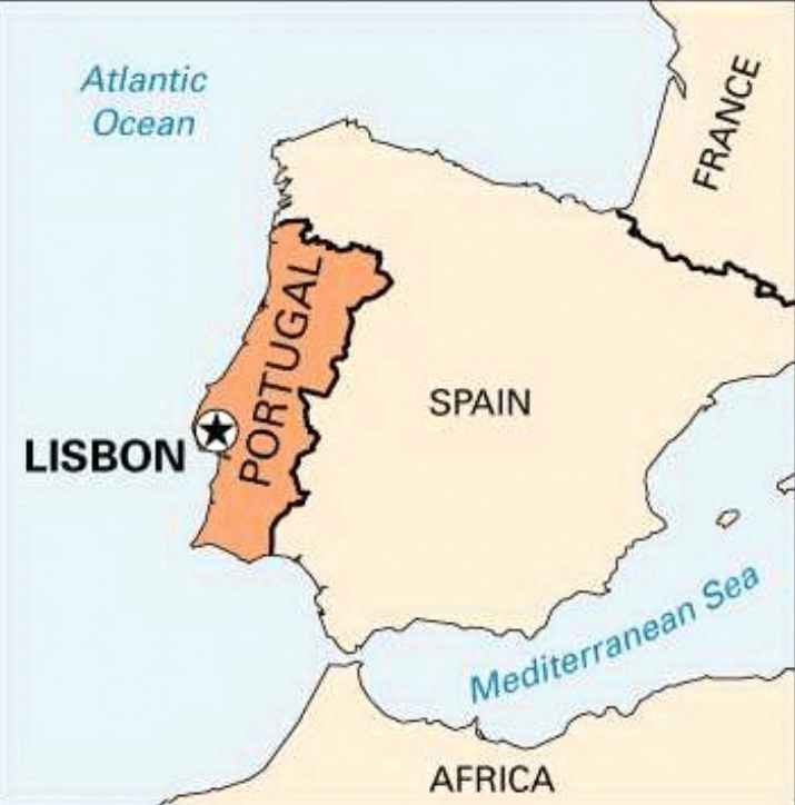 Map of Portugal with Lisbon noted