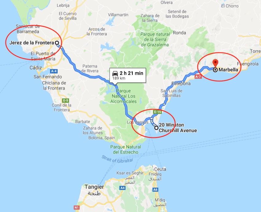 Map of trip from Jarez to Gibralter to Marbella