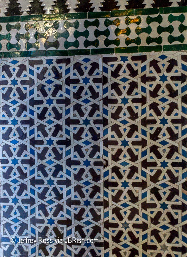 Tile work pattern with blues, green and brown
