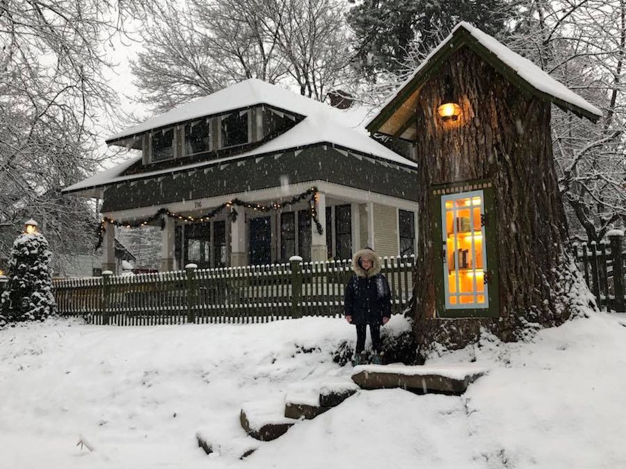 Sharalee Armitage Howard stands in front of her tree-stump library
