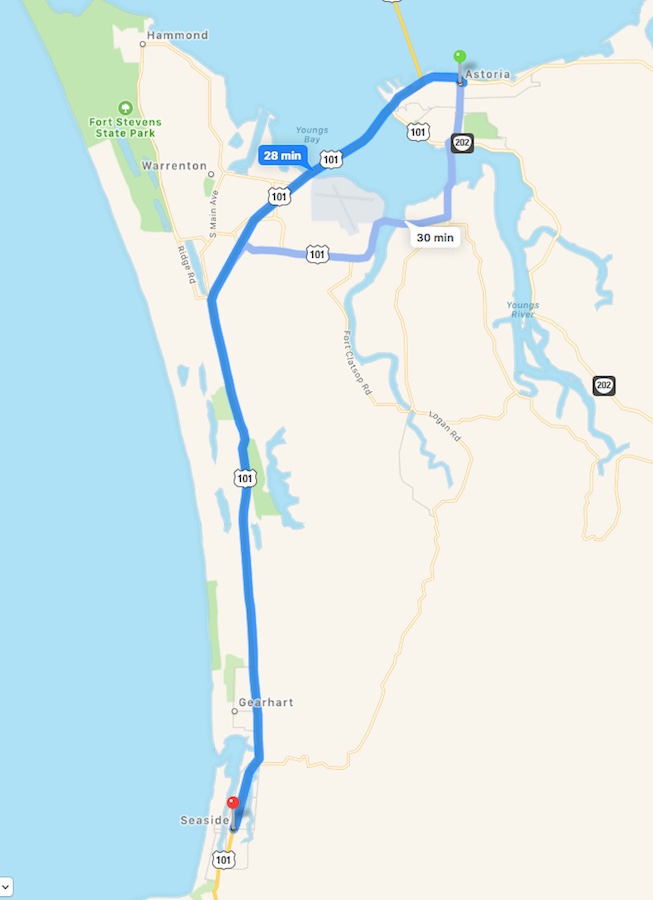 Map route from Astoria, OR to Seaside