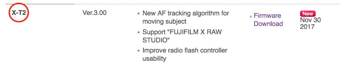 X-T2 Firmware update listing