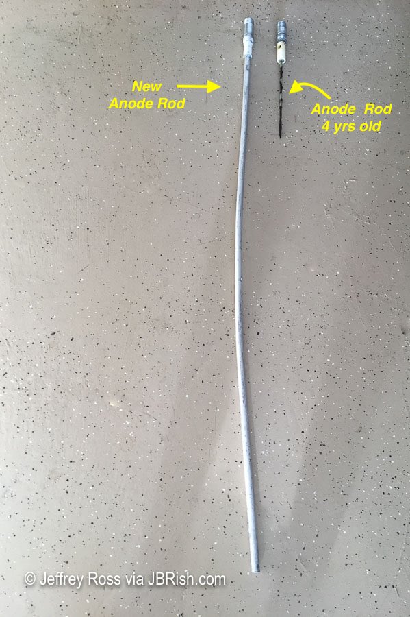 New and old hot water heater anode compared side-by-side.