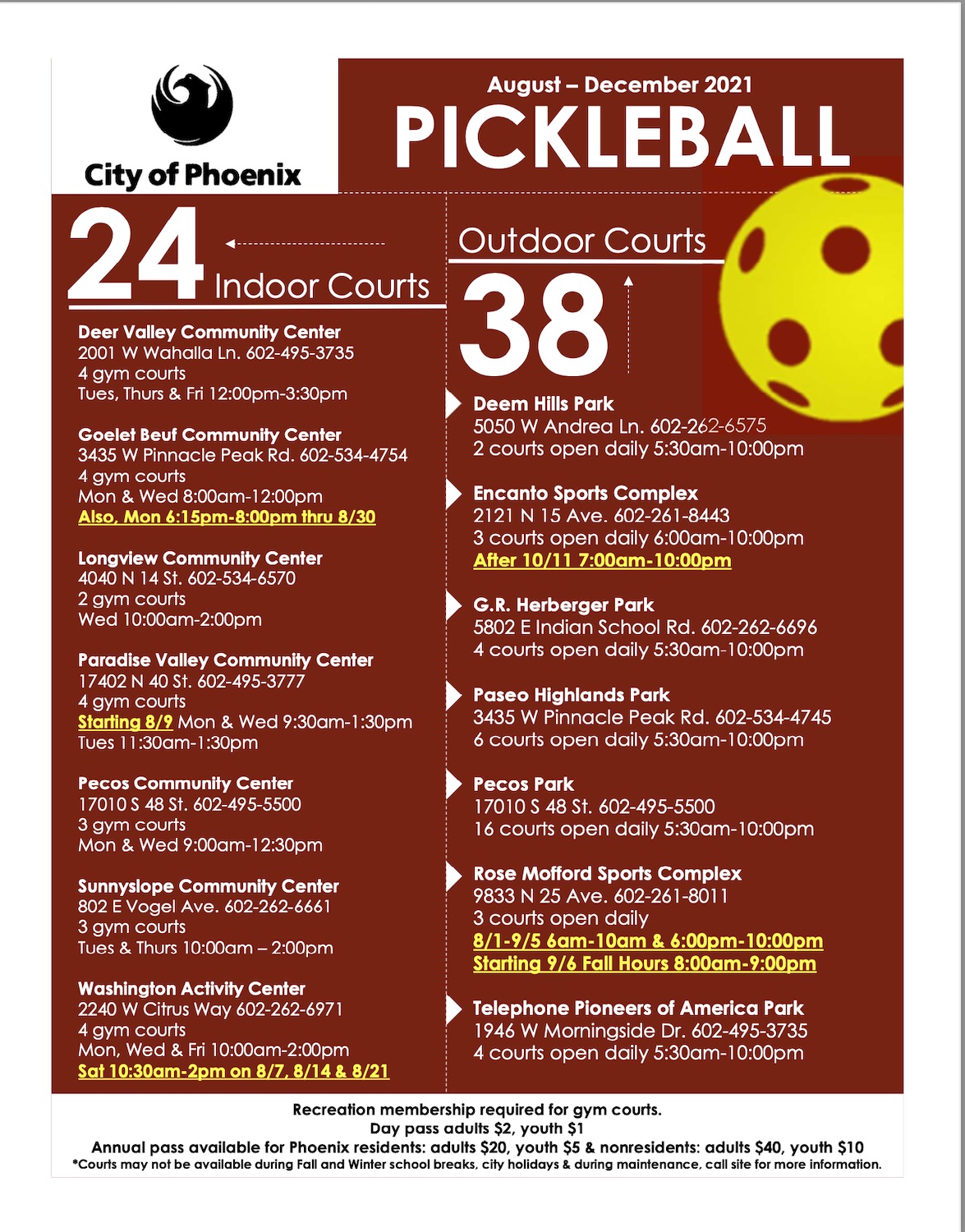 City of Phoenix Pickleball Schedule June-July 2021